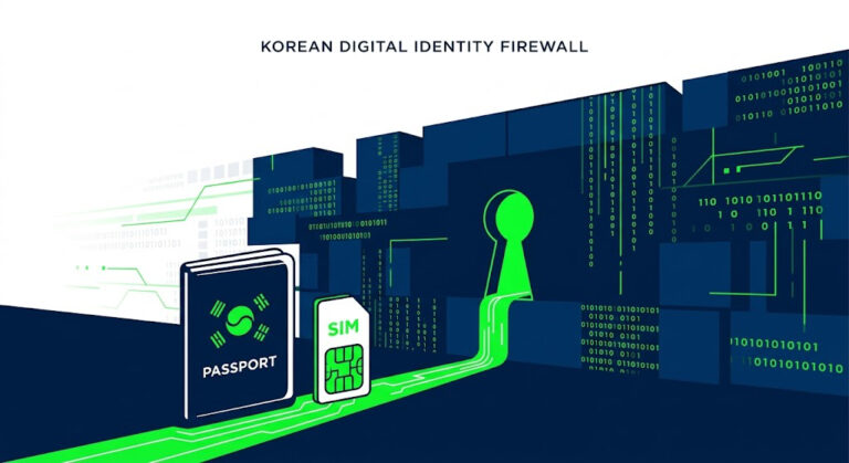 Conceptual vector illustration of a monolithic digital firewall requiring a precise combination of a physical passport and domestic SIM card to unlock.