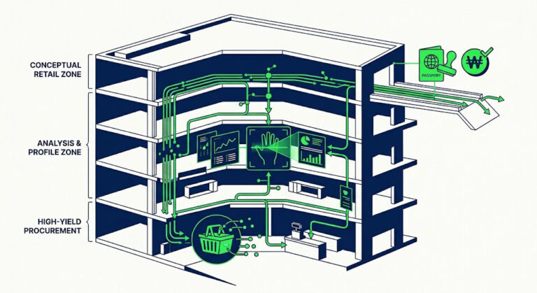 Minimalist vector illustration synthesizing the Olive Young procurement protocol, showing an isometric cross-section of a retail flagship with electric green data flowing between shopping, clinical testing, and tax refund zones.