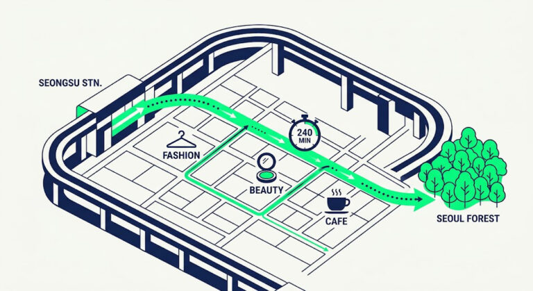 Minimalist vector illustration synthesizing the Seongsu-dong 4-hour itinerary, showing an integrated urban grid with Line 2 subway tracks and an efficient electric green data path flowing from 'Injection' to 'Seoul Forest', highlighting key retail and cafe points.
