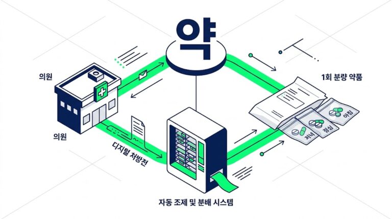 Conceptual vector illustration synthesizing the Korean medical loop, showing a pathway from a clinic to an automated pharmacy dispenser producing single-dose paper packets.