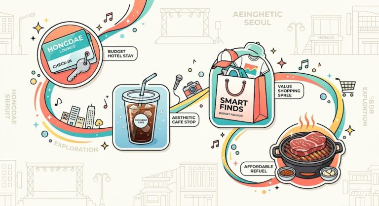 A bright vector illustration summarizing a budget-friendly day in Hongdae, featuring floating icons of a hotel key card, iced coffee, shopping bag, and Korean BBQ connected by a playful swoosh line.