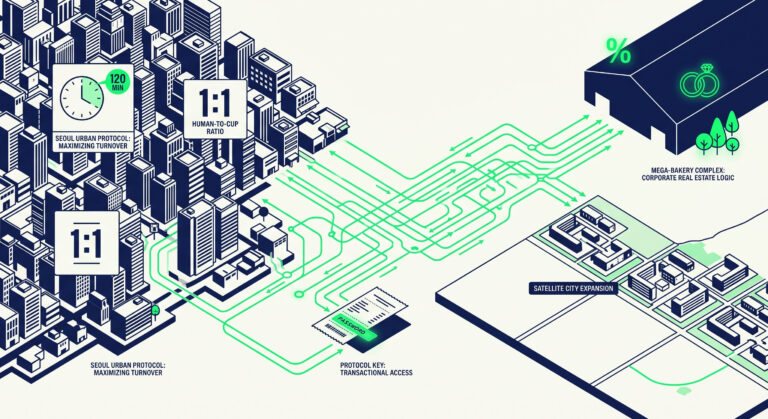 Conceptual vector illustration synthesizing Seoul cafe spatial economics, showing urban rules like time limits and drink mandates connected to satellite mega-cafe tax arbitrage.