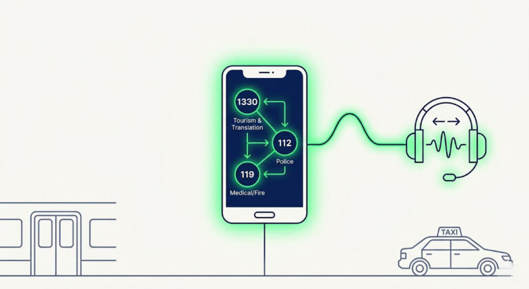 Minimalist vector illustration synthesizing South Korea's emergency network, showing a smartphone connecting the 1330, 112, and 119 helplines through a central translation icon.