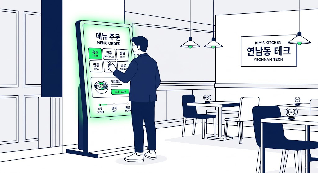 Minimalist illustration of a single customer using a large, glowing touch-screen ordering kiosk confidently at a modern restaurant entrance, highlighting off-cycle dining efficiency.