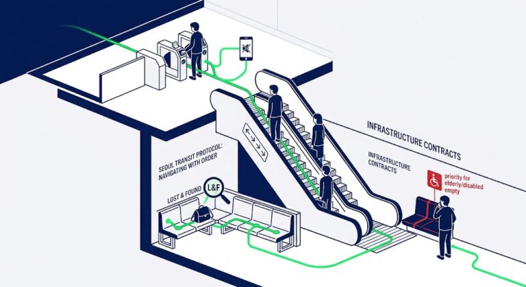 Conceptual vector illustration synthesizing Seoul transit etiquette, showing connected icons for silenced phones, empty priority seats, and lost & found recovery.