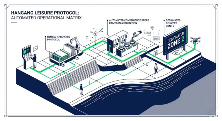 Conceptual vector illustration mapping the Han River park infrastructure, showing the connections between equipment rentals, automated ramyeon machines, and delivery zones.