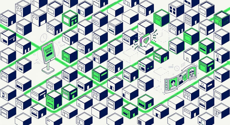 Conceptual vector illustration of the Seongsu-dong retail grid, highlighting pop-up store nodes, digital queues, and social media icons.