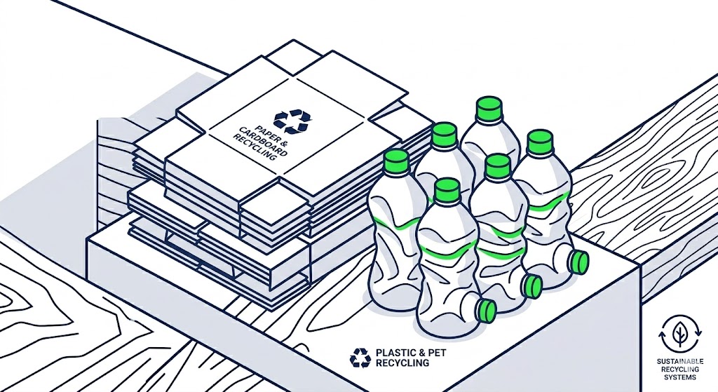 Vector illustration of properly sorted recycling showing flattened cardboard boxes and crushed clear plastic bottles with green caps.