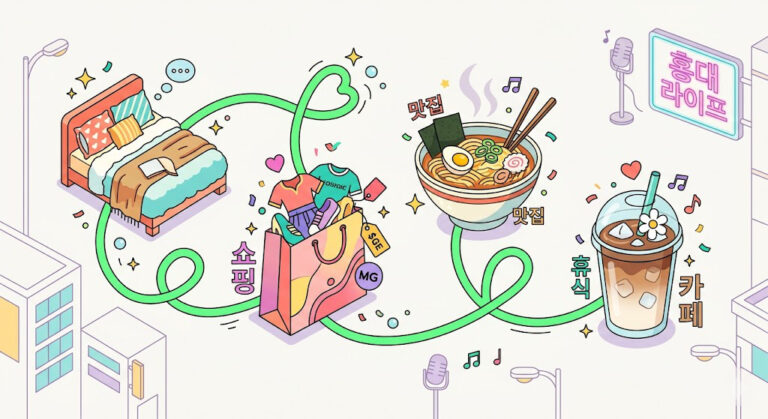 A youthful, bright editorial vector illustration titled 'The Hongdae Perfect Day Loop,' showing interconnected icons for a hotel, shopping, noodles, and coffee in Seoul.