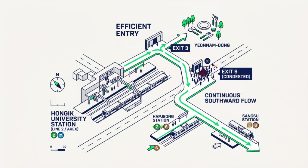 Minimalist isometric map diagram of Hongik University Station, visually guiding flow from Exit 3 north to Yeonnam-dong and then south towards Hapjeong/Sangsu, illustrating the efficient non-backtracking routing protocol.