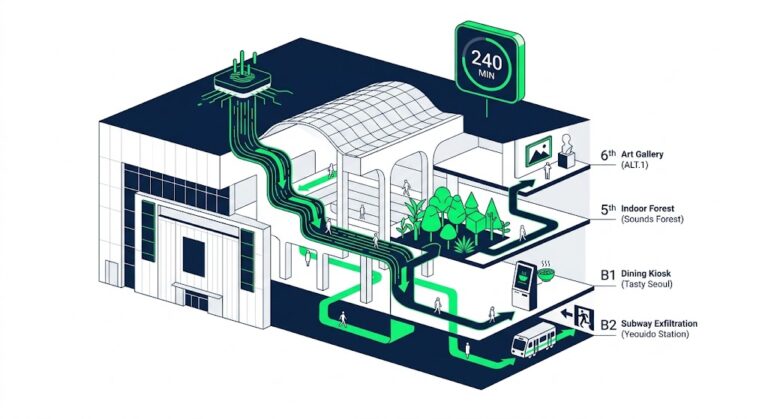 Conceptual vector illustration of the 4-hour optimization loop for The Hyundai Seoul, showing the efficient downward flow from art and nature to dining and retail.