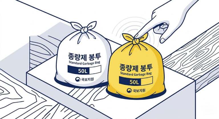 Vector illustration of white and yellow South Korean standard garbage bags (Jongnyangje-bongtu) used for general and food waste disposal.
