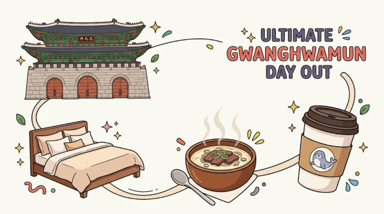A bright vector illustration summarizing a day in Gwanghwamun, featuring floating icons of a palace gate, hotel bed, soup, and coffee connected by a playful line.
