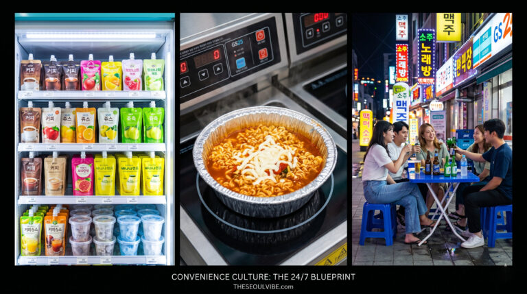 "A three-panel editorial photo collage for THESEOULVibe.com detailing the unique elements of South Korean convenience stores, highlighting ice cup pouch drinks, instant ramyun cooking stations, and outdoor plastic table culture."