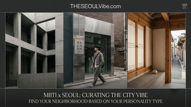 A horizontal, three-panel editorial collage representing Seoul's diverse urban aesthetics under a minimalist black border. The left panel shows the brutalist, geometric concrete interior of the Amorepacific headquarters. The center panel displays a trendy young man walking past a sleek, industrial metallic storefront with a minimal Korean sign in Seongsu-dong. The right panel shows a serene, modern hanok interior with warm wooden beams and a view looking down a quiet traditional stone alleyway.