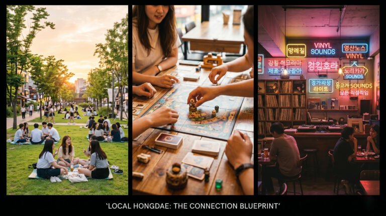 "A three-panel editorial photo collage for THESEOULVibe.com detailing the top places to meet locals in Hongdae, highlighting park lawns, language exchange lounges, and vinyl music bars."