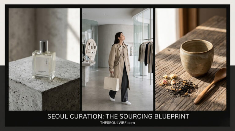 "A three-panel editorial photo collage for THESEOULVibe.com outlining the best items to buy in Seoul, highlighting designer fragrances, local streetwear, and artisanal ceramics."