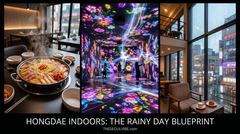 "A three-panel editorial photo collage for THESEOULVibe.com detailing a curated indoor rainy day itinerary in Hongdae, featuring media art, hot K-food, and aesthetic concept cafes."