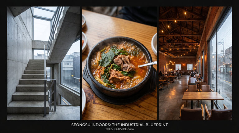 "A three-panel editorial photo collage for THESEOULVibe.com showcasing an indoor rainy day itinerary in Seongsu-dong, highlighting minimalist architecture, industrial cafes, and hot Korean stews."