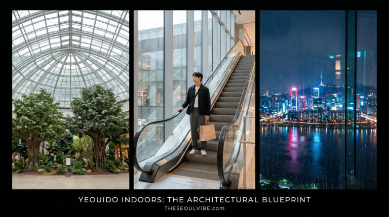 "A three-panel editorial photo collage for THESEOULVibe.com detailing a premium indoor rainy day itinerary in Yeouido, featuring sky gardens, local streetwear hubs, and skyline views."
