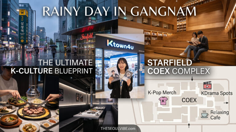 "A collage featured image for THESEOULVibe.com about an indoor rainy day itinerary at COEX Mall, featuring K-Pop merch, KDrama photo spots, and premium cafes."