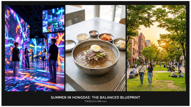 "A three-panel editorial photo collage for THESEOULVibe.com detailing a curated summer itinerary in Hongdae, highlighting media art, chilled local food, and sunset park strolls."