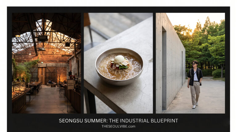 "A three-panel editorial photo collage for THESEOULVibe.com detailing a curated summer itinerary in Seongsu-dong, highlighting warehouse cafes, chilled local food, and sunset park strolls."