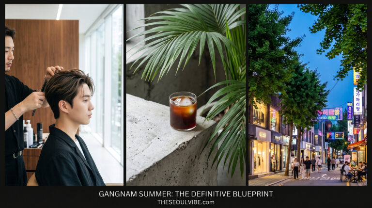 "A three-panel editorial photo collage for THESEOULVibe.com detailing a curated summer itinerary in Gangnam, highlighting luxury salons, botanical greenhouse cafes, and neon street walks."