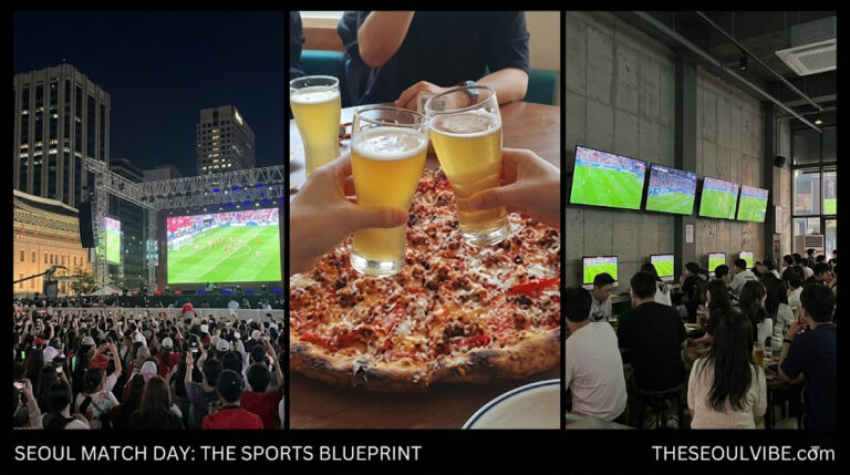 "A three-panel editorial photo collage for THESEOULVibe.com detailing the best sports and World Cup viewing locations in Seoul, highlighting public plazas and high-aesthetic sports bars."