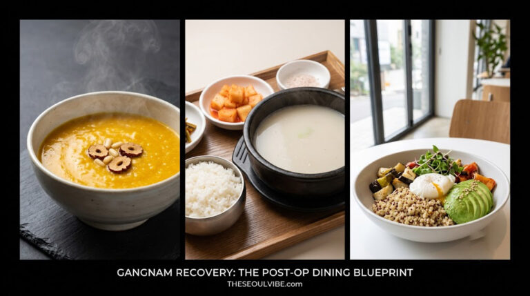 A three-panel editorial photo collage for THESEOULVibe.com detailing post-surgery dining in Gangnam, featuring pumpkin porridge, collagen bone broth, and clean recovery grain bowls.