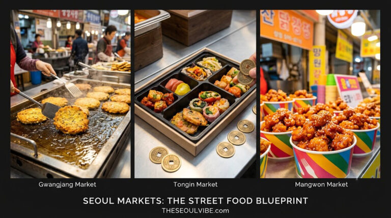 A three-panel editorial photo collage for THESEOULVibe.com detailing a guide to visiting traditional street food markets in Seoul, highlighting Gwangjang, Tongin, and Mangwon markets.
